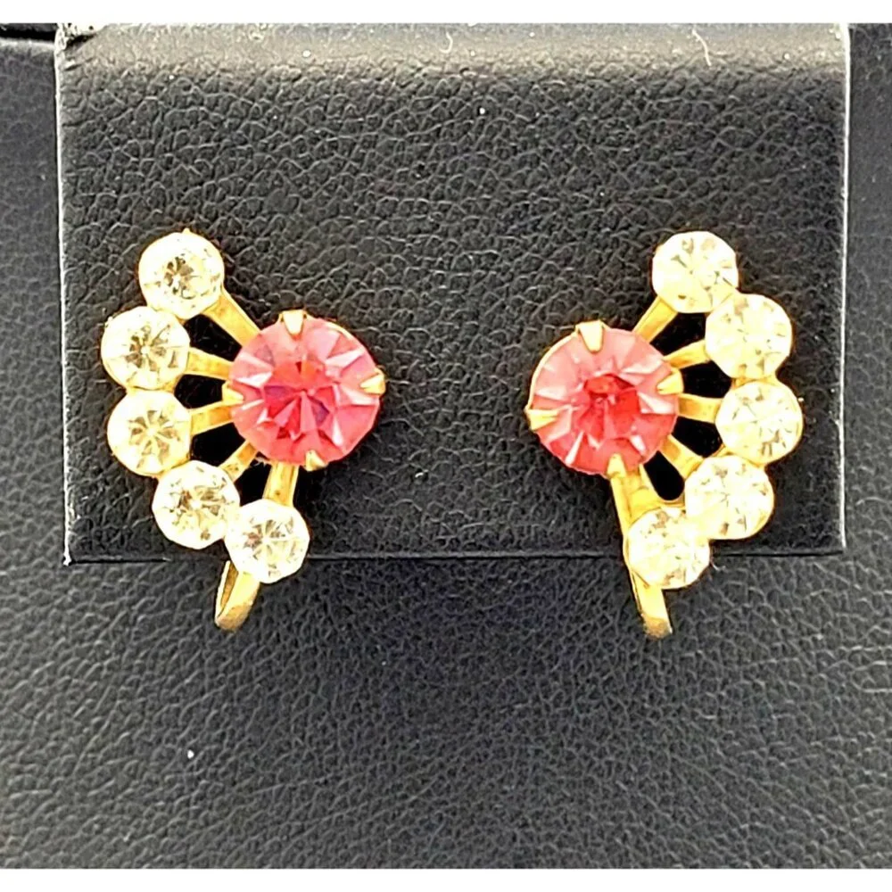 Vintage Gold-Tone Screw-Back Rhinestone Fan Earrings Pink & Clear Stones 3/4" - Picture 1 of 4